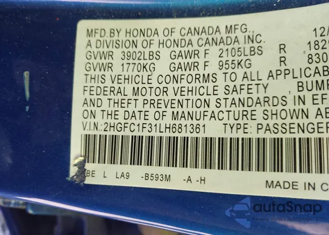 2020 Honda Civic Ex z USA, uszkodzony, nr VIN 2HGFC1F31LH681361